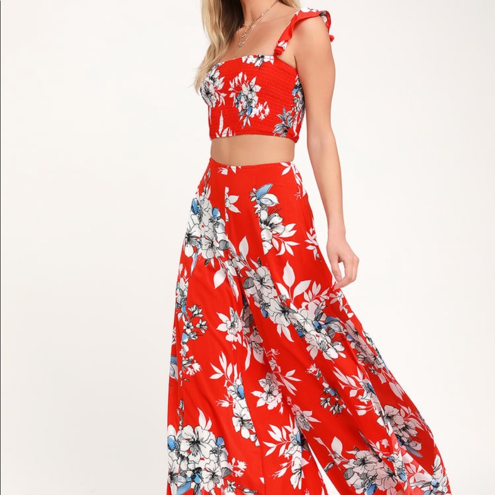 All Abloom Red Orange Floral Print Two-Piece Jumpsuit